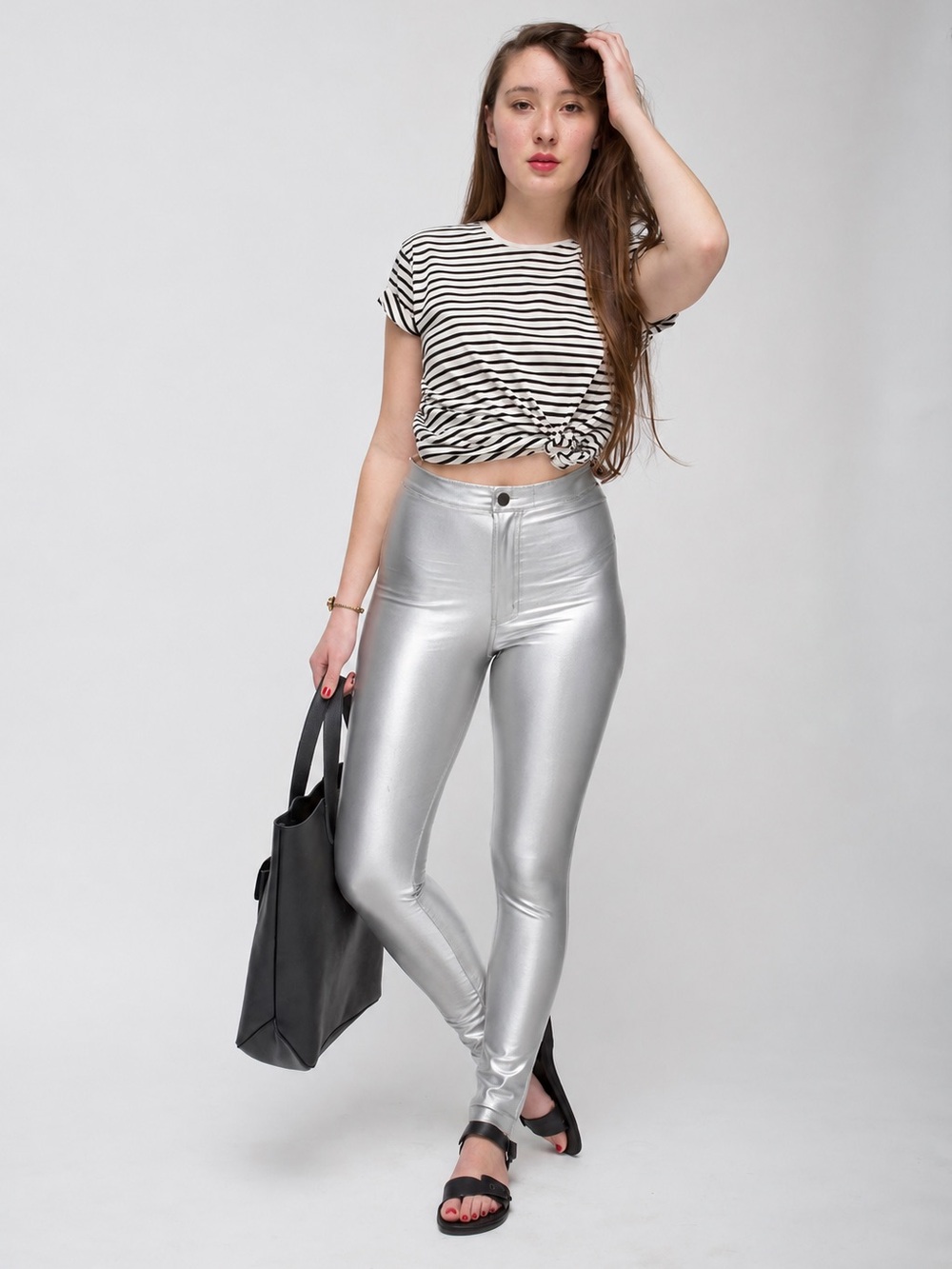 American Apparel Women's The Disco Pant High Rise Silver Leggings Metallic Small - Picture 2 of 12